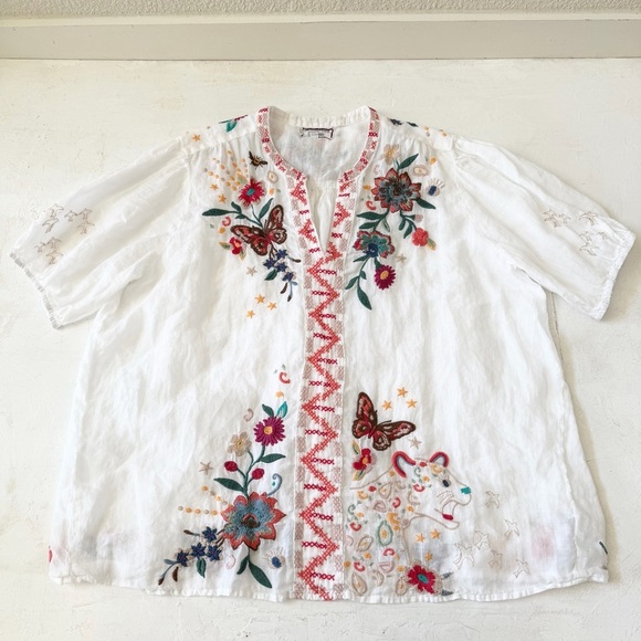 Johnny Was Olinda Floral Butterfly Embroidered Puff Sleeve Top Size L - Picture 3 of 9